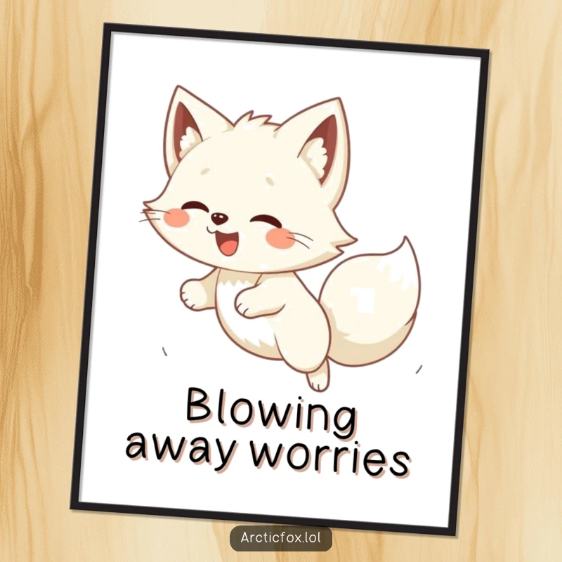 Funny Kawaii arctic fox delightedly pouncing on a gust of wind, high-resolution digital art print.