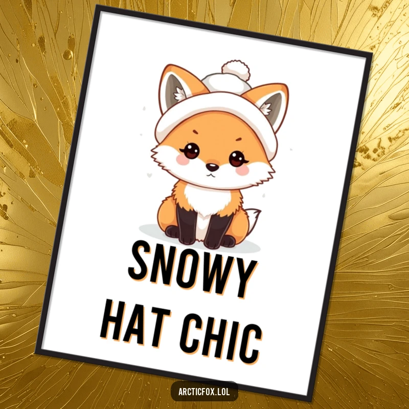 Funny Kawaii Arctic Fox Digital Art Print wearing a snowball hat, a charming and humorous winter piece.