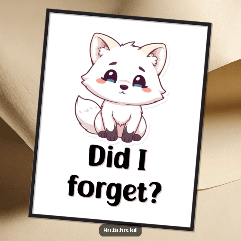 Funny Kawaii Arctic Fox Digital Art: High-resolution art of a white fox hilariously surprised with alert ears, ready for digital display.