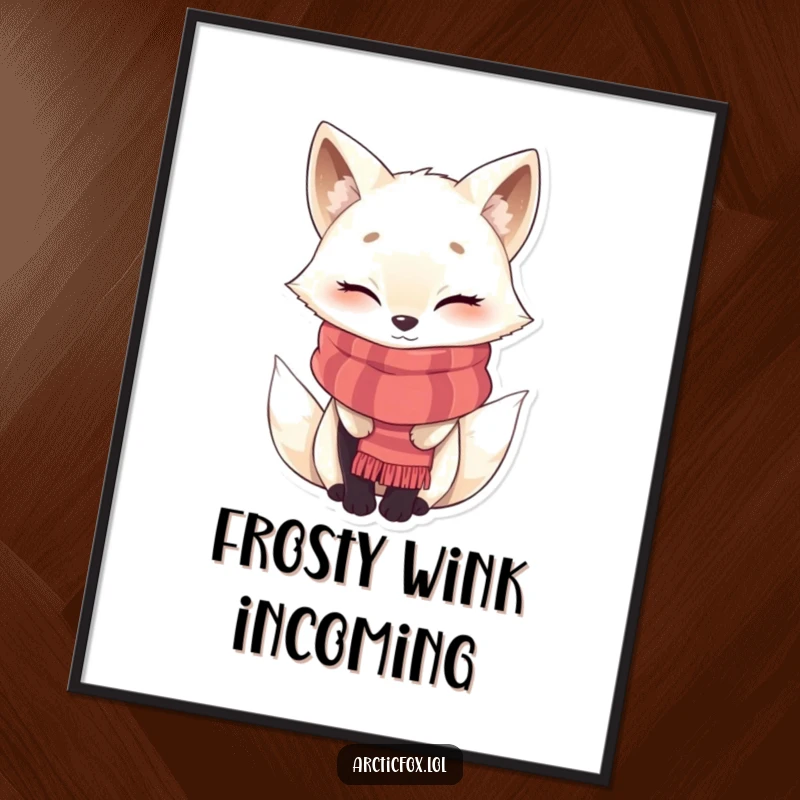 Funny winking Arctic fox digital art print, bundled in a scarf, offering instant cozy arctic charm and playful decor.
