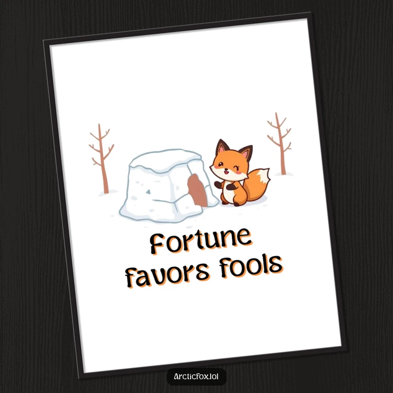 Funny Digital Art Print: A happy fox comically building a shaky snow fort, perfect for hilarious winter-themed decor.