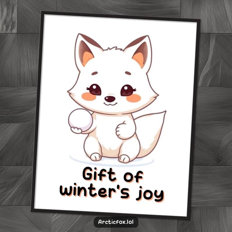 Funny Arctic fox digital art print, showing a fox offering a snowball with a beaming smile for instant cheer.