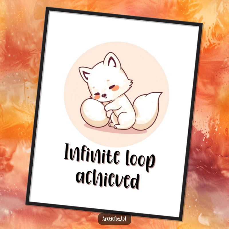 Funny Kawaii Arctic Fox Digital Art: High-resolution art of a white fox humorously spinning after its tail, ready for digital display.