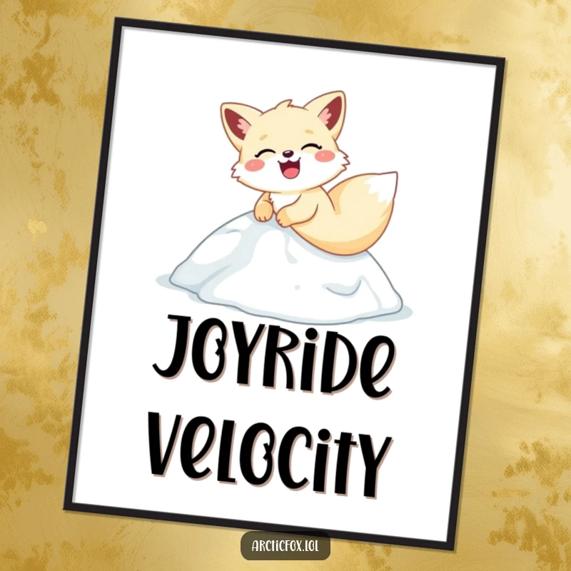 Funny arctic fox digital art print, hilariously sliding and laughing down an icy hill, capturing pure winter joy.