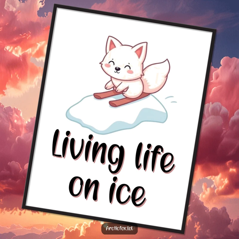 Funny Kawaii Arctic Fox Digital Art Print, gleefully sliding down an icy slope, instant download wall decor, humorous arctic animal illustration, great funny gift