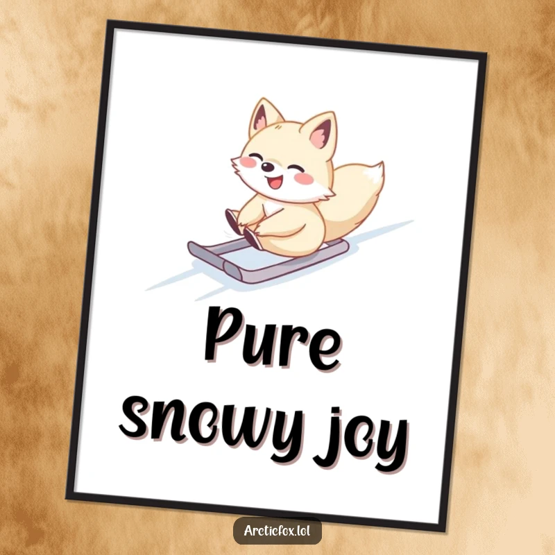 Cute Arctic fox sliding gleefully down a snowy slope, as a digital art print, ideal for winter decor.