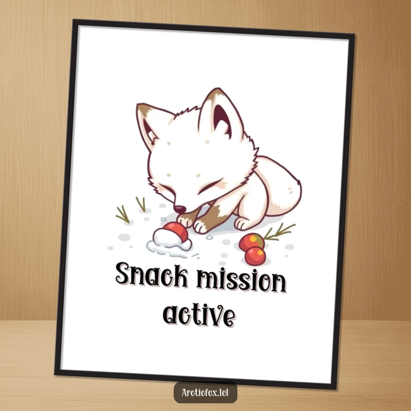 Funny Digital Art Print: Features a determined arctic fox humorously digging in the snow, symbolizing relentless pursuit and motivation.