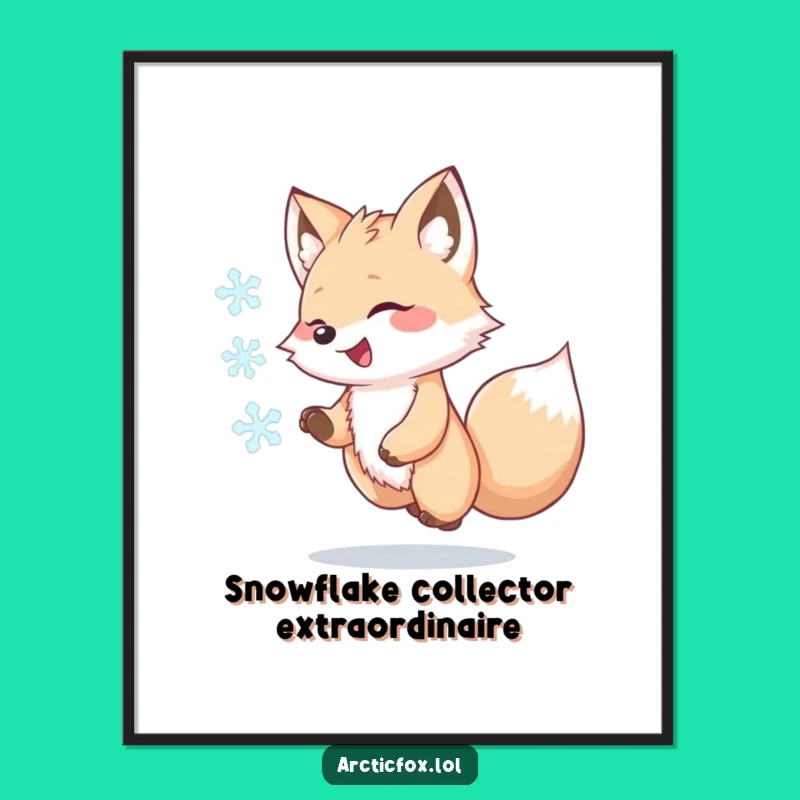 Funny Kawaii Arctic Fox Digital Art, Snowflake Chase Printable, Humorous Instant Gift