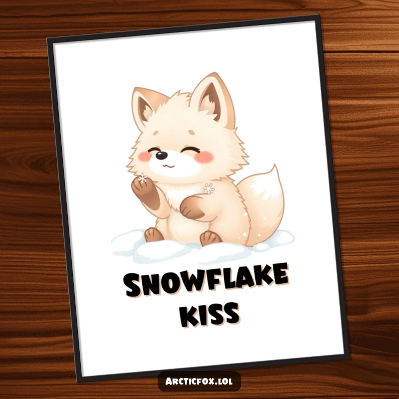 Funny arctic fox digital art print of a fluffy fox with paws in snow, gleefully catching a snowflake.