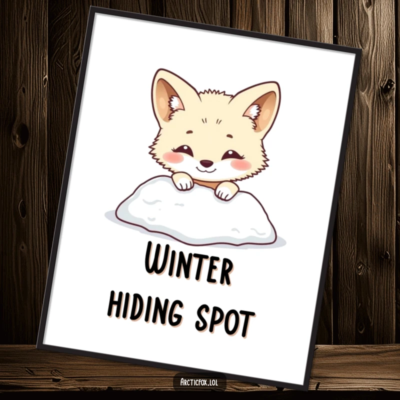 Funny arctic fox digital art print of a smiling creature playfully peeking from behind a snowy mound. Cute and humorous winter animal decor, instant funny gift.