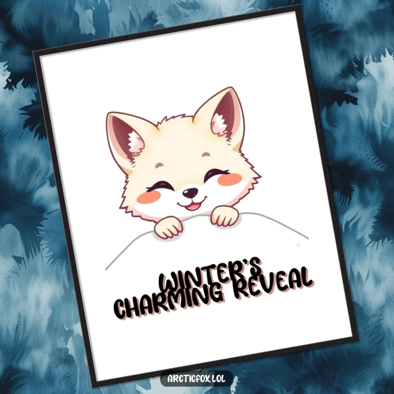 Funny Arctic fox digital art print, peeking over snow with a bright smile for instant playful decor.