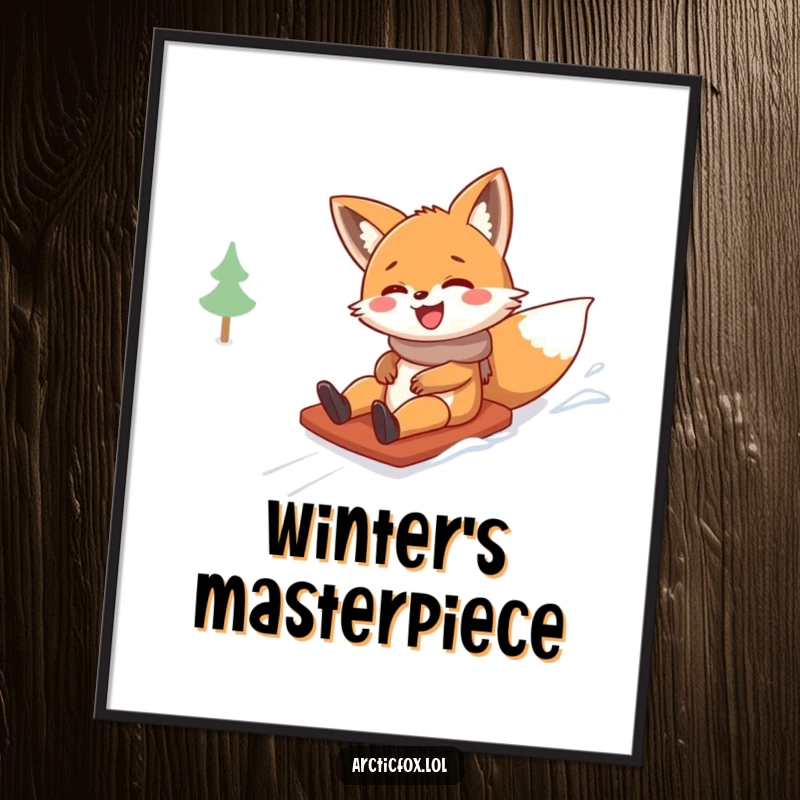 Funny digital art print of a fox character erupting in giggles while sliding swiftly down a snow-covered hill, pure winter joy.