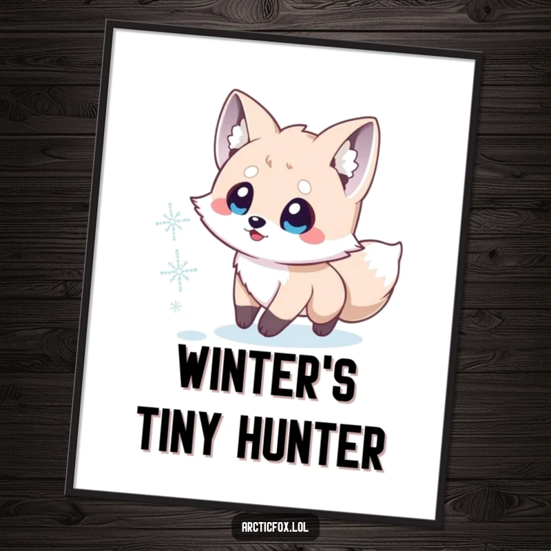 Funny Arctic Fox Digital Art: A cute Arctic fox with wide, excited eyes joyfully chases a snowflake, ready to download.