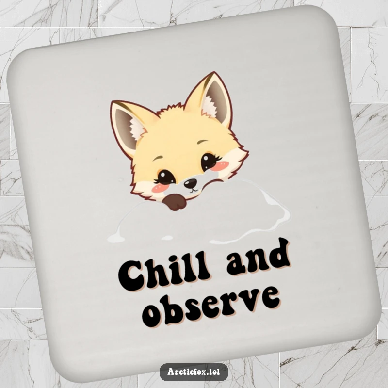 Kawaii Arctic fox curiously peeking from snow, on a decorative drink coaster, perfect for cute tables.