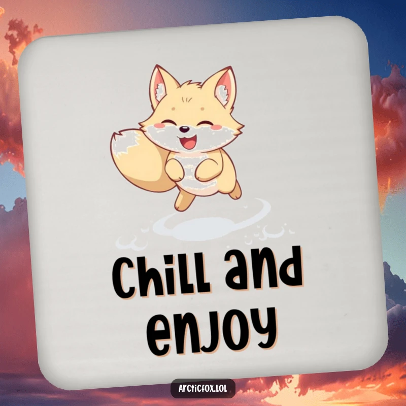 Funny kawaii arctic fox coaster featuring a joyful creature leaping through fresh snow with perked ears. Cute and humorous table accessory, perfect funny gift.