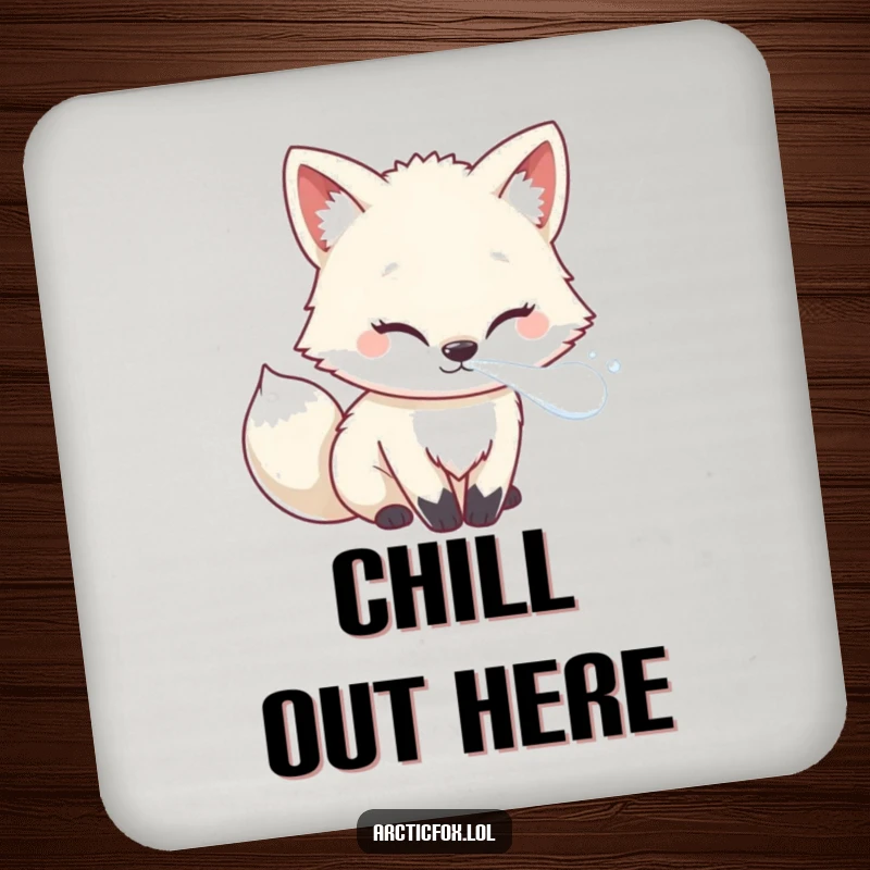 Funny Kawaii Arctic Fox Drink Coaster featuring frosty breath, protecting surfaces with a humorous design.