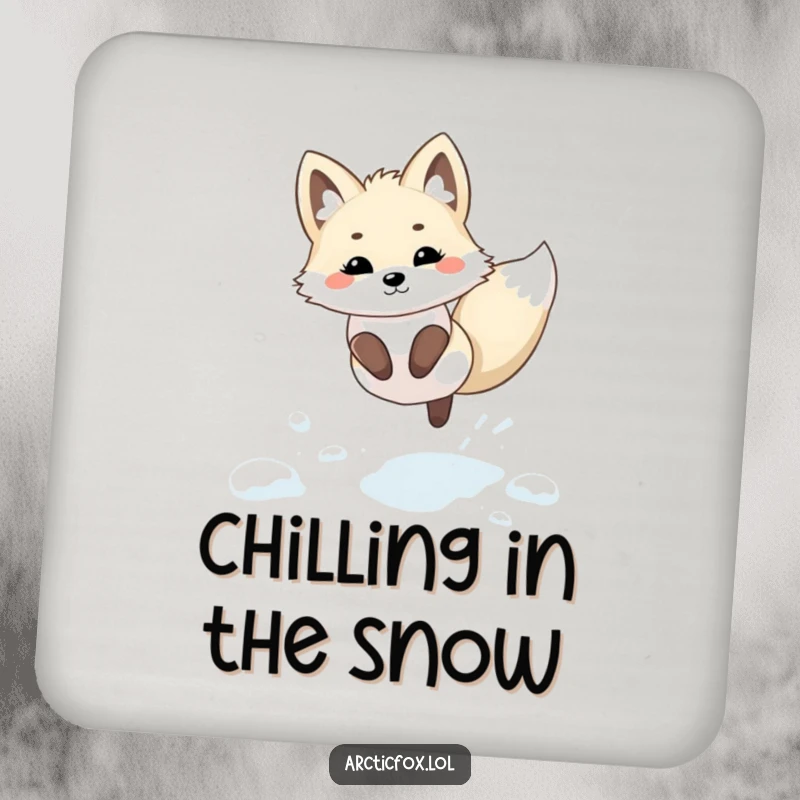 Funny Kawaii Arctic Fox Coaster: A coaster showcasing a kawaii arctic fox leaping playfully through fresh snow.