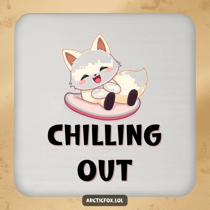 Funny arctic fox coasters with happy creatures sliding down snowy hills on their bellies, adding cheerful protection.