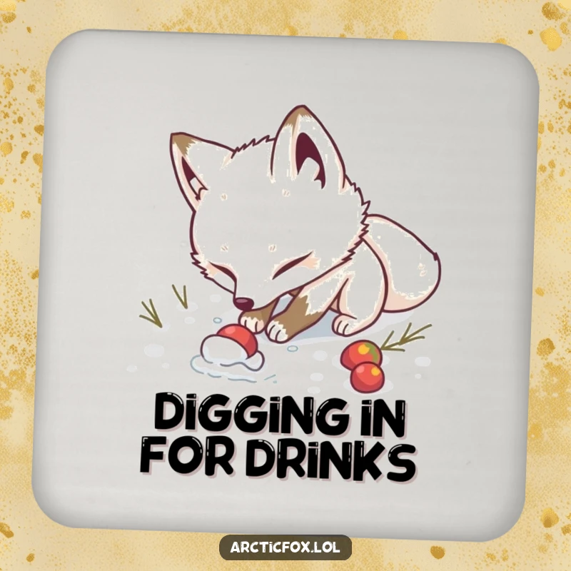 Funny Coaster: A determined arctic fox humorously digs in the snow, providing a solid and funny base for drinks.