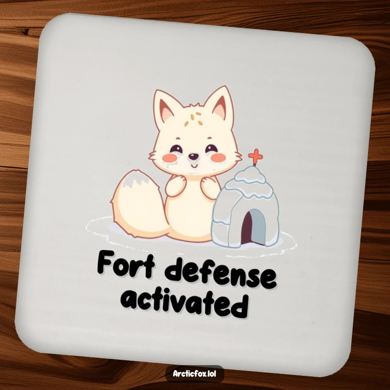 Funny Kawaii arctic fox building a snow fort, a cute and protective coaster.