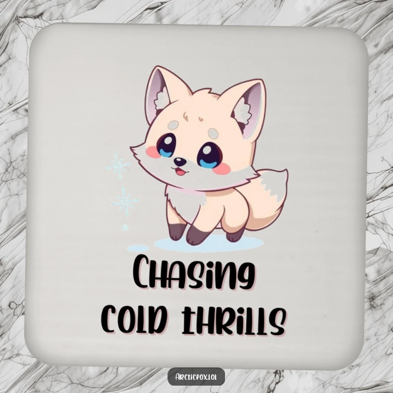 Funny Arctic Fox Coaster: Cute Arctic fox with excited eyes playfully chases a snowflake, protecting surfaces with style.