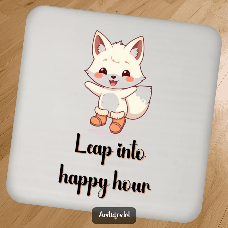 Funny Coaster: An arctic fox in boots joyfully leaping, perfect for adding energetic humor and protecting surfaces.