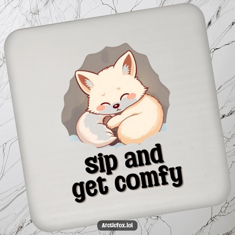 Funny coaster depicting a content arctic fox curled in a warm, snowy den, letting out a happy, relieved sigh.