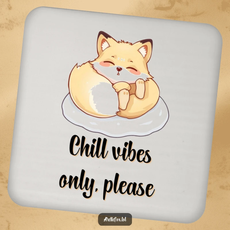 Funny Arctic fox coaster, depicting a playful creature rolling joyfully in soft snow, protecting your furniture.