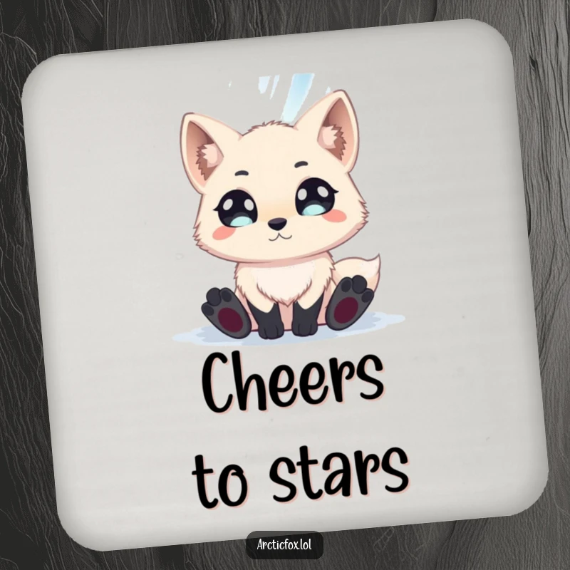 Funny arctic fox with wide eyes captivated by the aurora borealis, featured on a protective drink coaster.