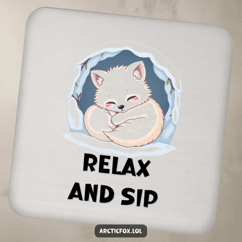 Funny Coaster: A content arctic fox is humorously curled up snugly in its snowy den, adding cozy charm to drink protection.