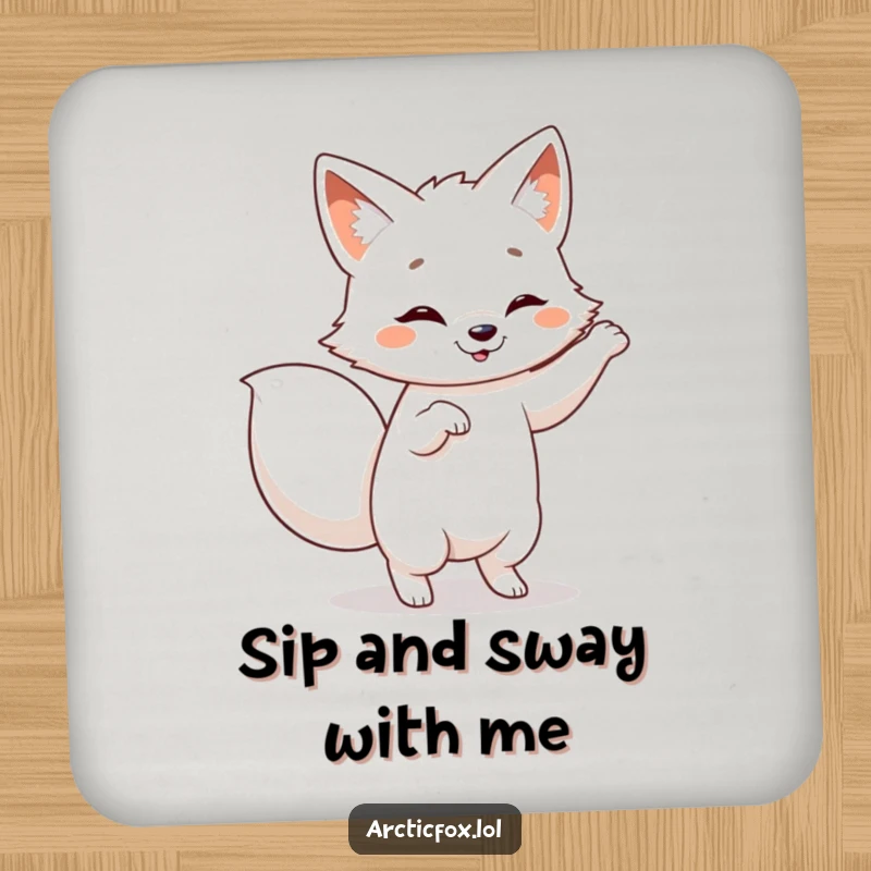 Funny Arctic fox coaster, depicting a playful fox dancing with a wagging tail, protecting surfaces with fun.