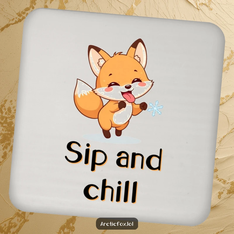 Funny drink coaster with a fox character sticking its tongue out, joyfully chasing a snowflake, adding winter charm.