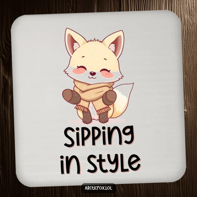 Funny Giggling Fox Coaster: Features a cute arctic fox in scarf and mittens, protecting surfaces with humor, a funny gift.