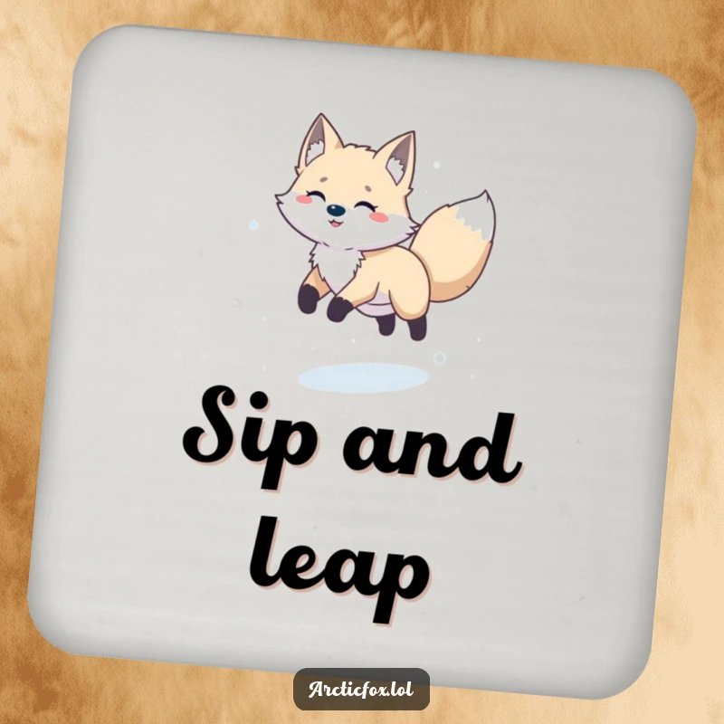 Funny happy arctic fox mid-leap in the snow, featured on a protective and cheerful drink coaster.
