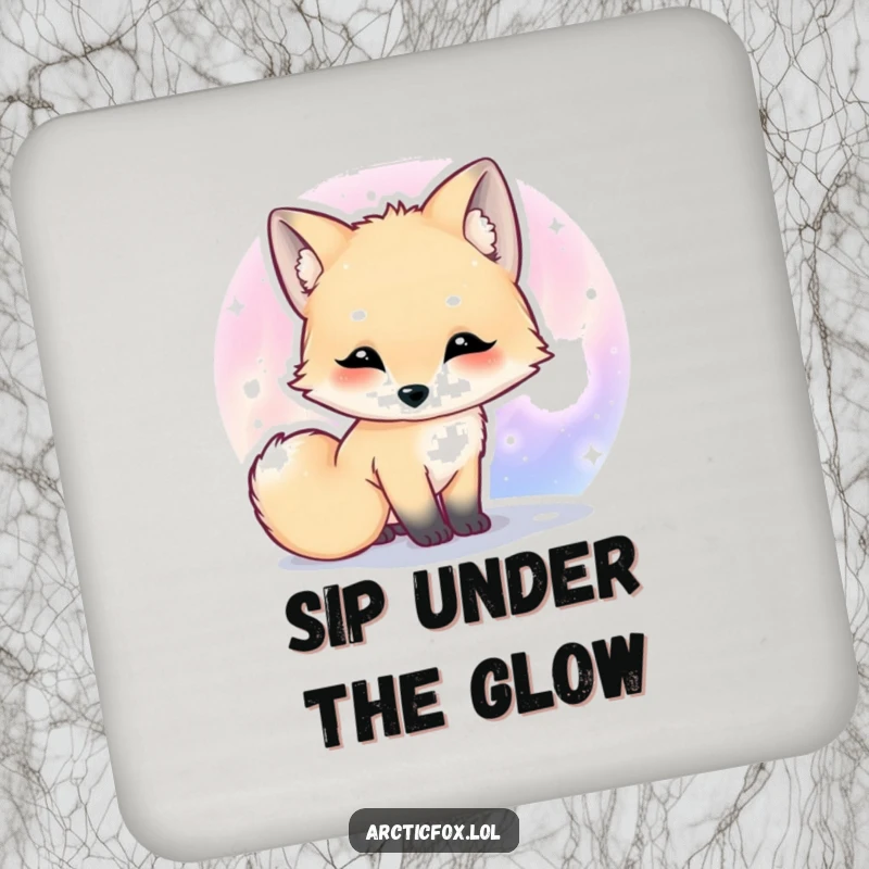 Funny Kawaii arctic fox drink coaster featuring a cute fox curiously sniffing a colorful aurora.
