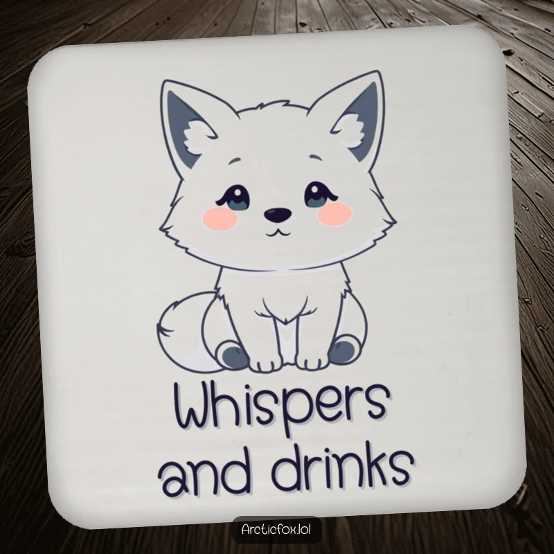 Funny Kawaii Arctic Fox Drink Coaster: A cute Arctic fox with ears perked, listening intently, protecting surfaces with charm.