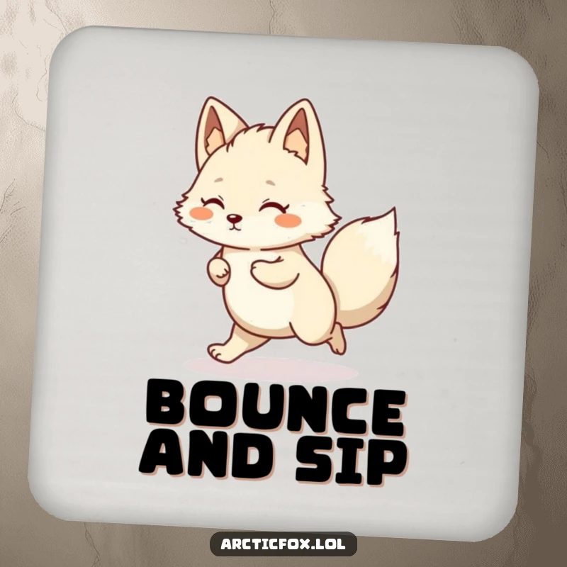 Funny Kawaii Arctic Fox Drink Coaster depicting a happy hop, adding playful humor to drinks.