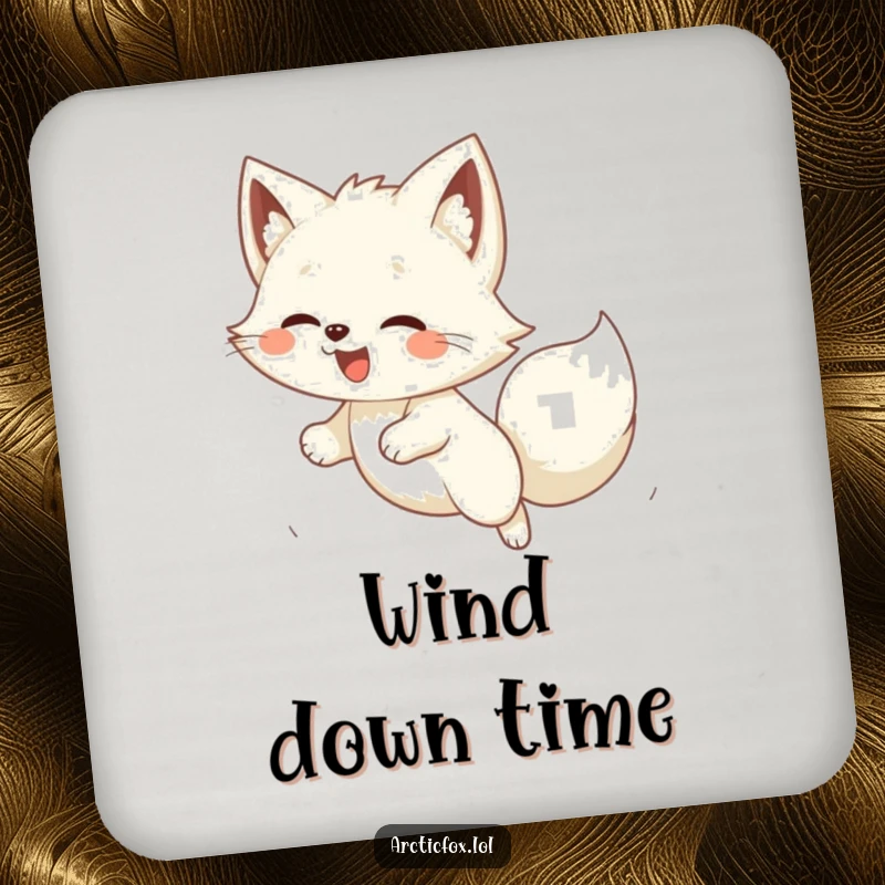 Funny Kawaii arctic fox pouncing on wind, a cute and protective drink coaster with humorous appeal.