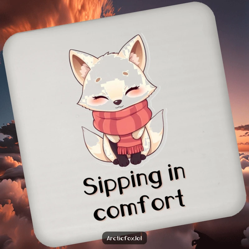 Funny winking Arctic fox drink coasters, bundled in a scarf, protecting surfaces with cozy arctic charm.