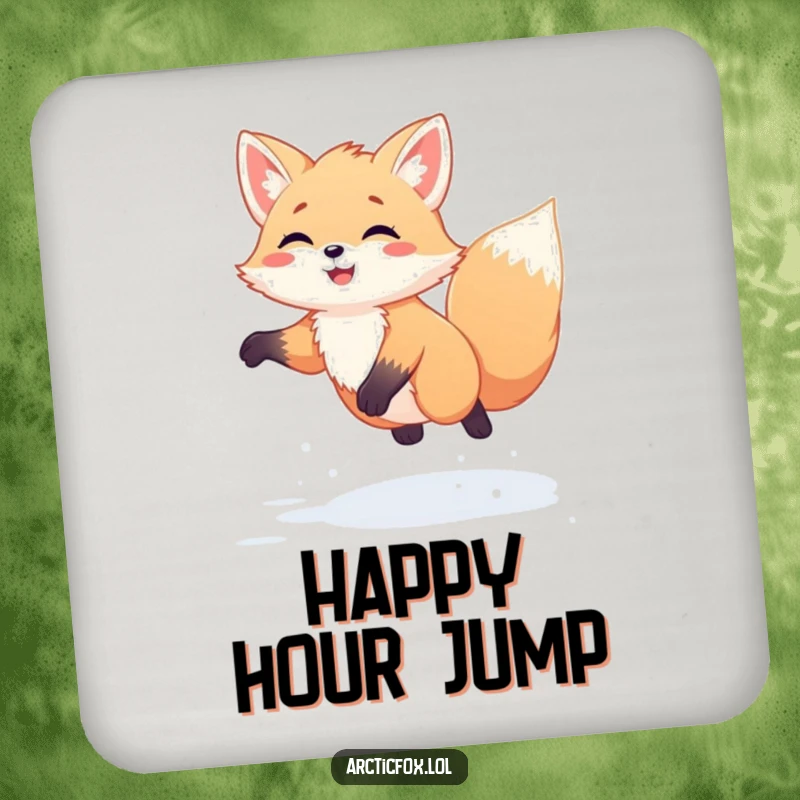 Funny Kawaii Arctic Fox Coasters: Set of cute white foxes humorously jumping in fresh snow, protecting tables with comical winter charm.