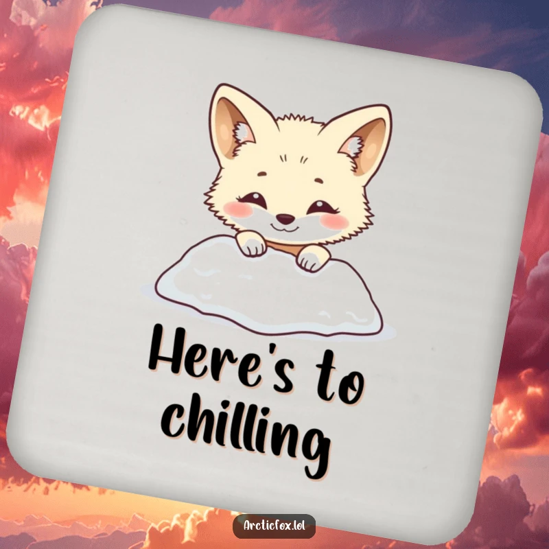 Funny arctic fox coaster featuring a smiling creature playfully peeking from behind a snowy mound. Cute and humorous table accessory, perfect funny gift.