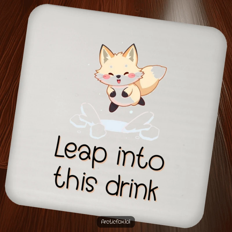 Funny Arctic fox drink coaster depicting a joyful leap through fresh, powdery snow, a humorous winter addition.