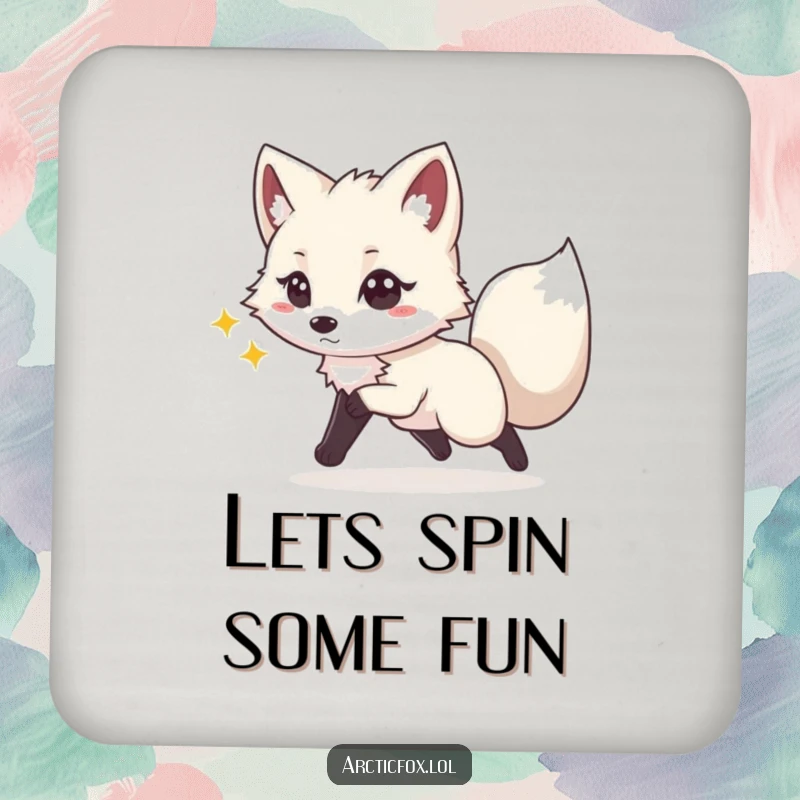 Funny drink coaster with a playful Arctic fox energetically chasing its tail, adding fun and protection to tables.