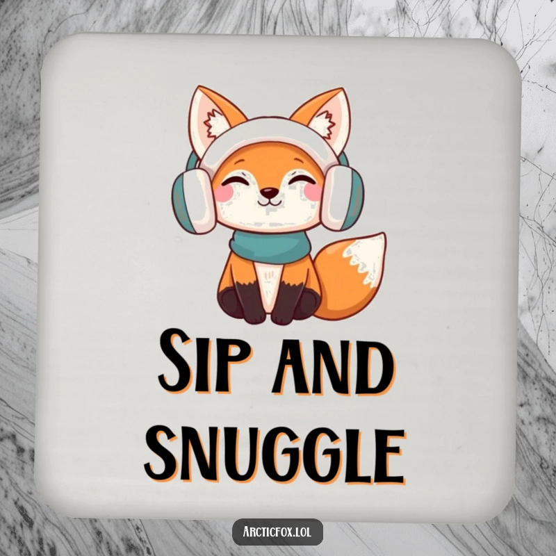 Funny Coaster: A content fox wearing earmuffs, looking cozy and cheerful, protecting surfaces with a humorous design.