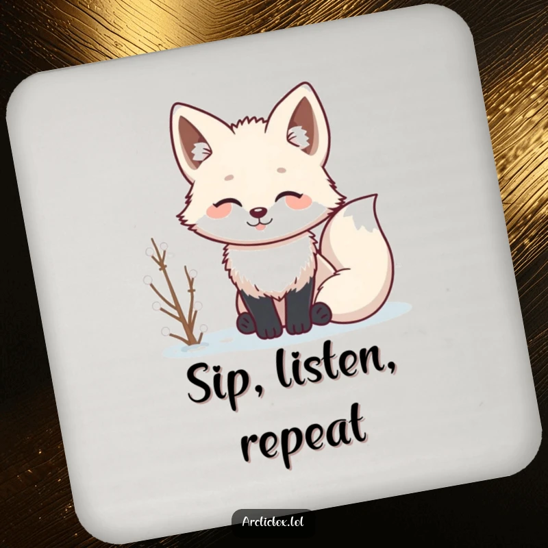 Funny Kawaii arctic fox with perked ears, listening, a cute and protective coaster.