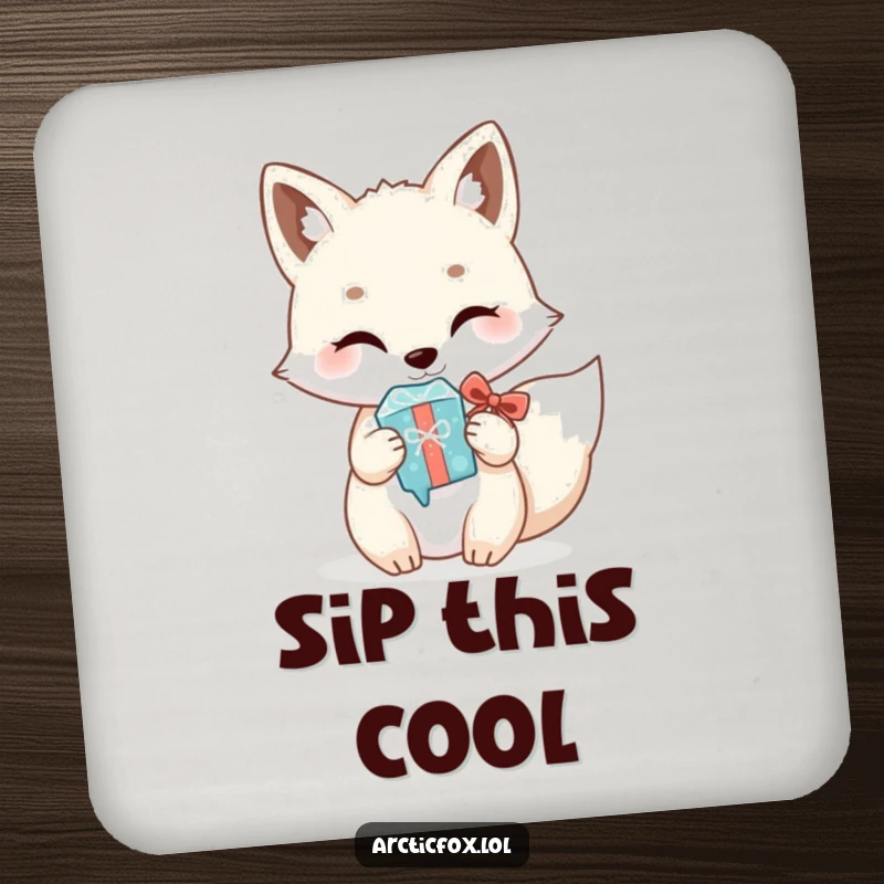 Funny Kawaii Arctic Fox Coasters: Set of cute white foxes humorously offering shiny icicles as gifts, protecting tables with comical winter charm.