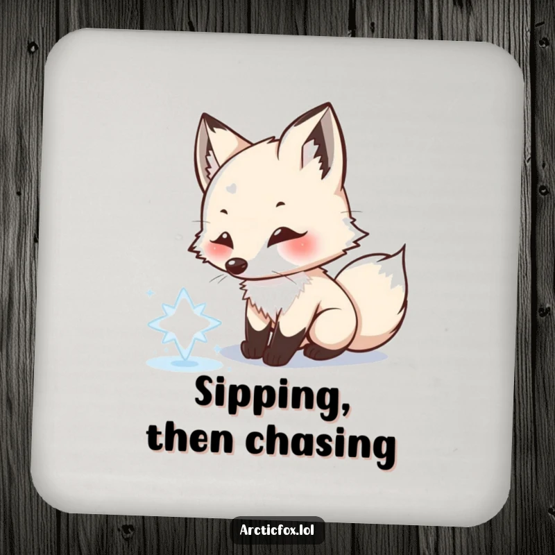 Funny Arctic fox coaster, playfully chasing snowflake, winter table decor, charming and protective, a delightful funny gift.