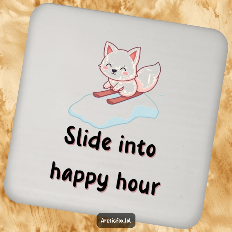 Funny Kawaii Arctic Fox Coaster, gleefully sliding down an icy slope, protective drink accessory, humorous arctic animal art, perfect funny gift