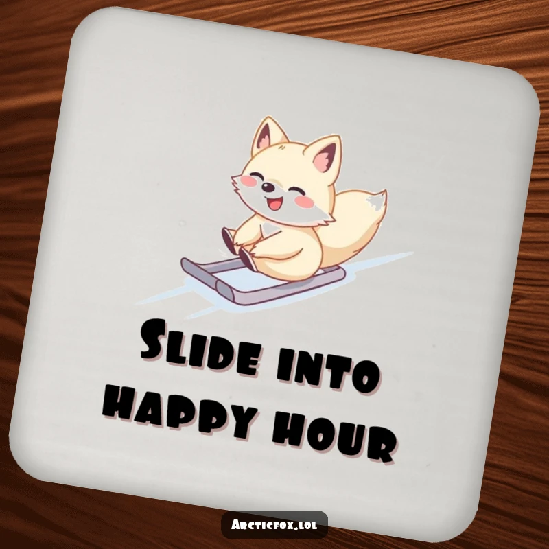Cute Arctic fox sliding gleefully down a snowy slope, on a decorative drink coaster, perfect for winter tables.
