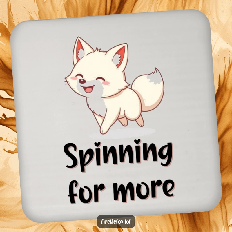 Funny coaster depicting a grinning arctic fox comically chasing its own tail, adding humor to any drink setting.